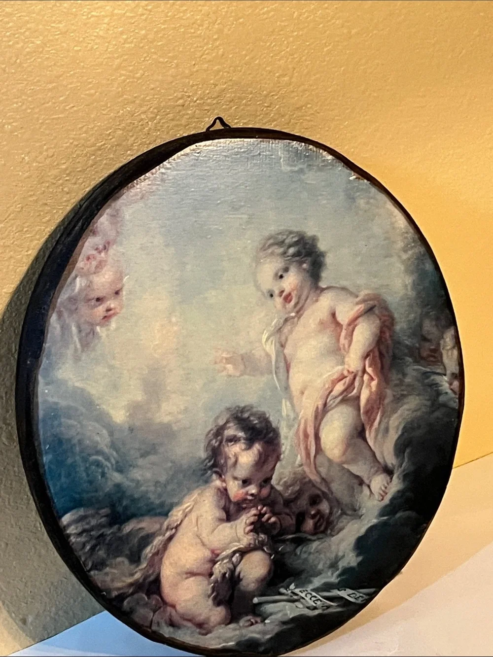 Vintage Francois Boucher Florentine Cherub Angel Round Wood wall art Plaque